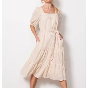 Evereve Carley Textured Tiered Square Neck Tie Waist Midi Dress Cream Womens S